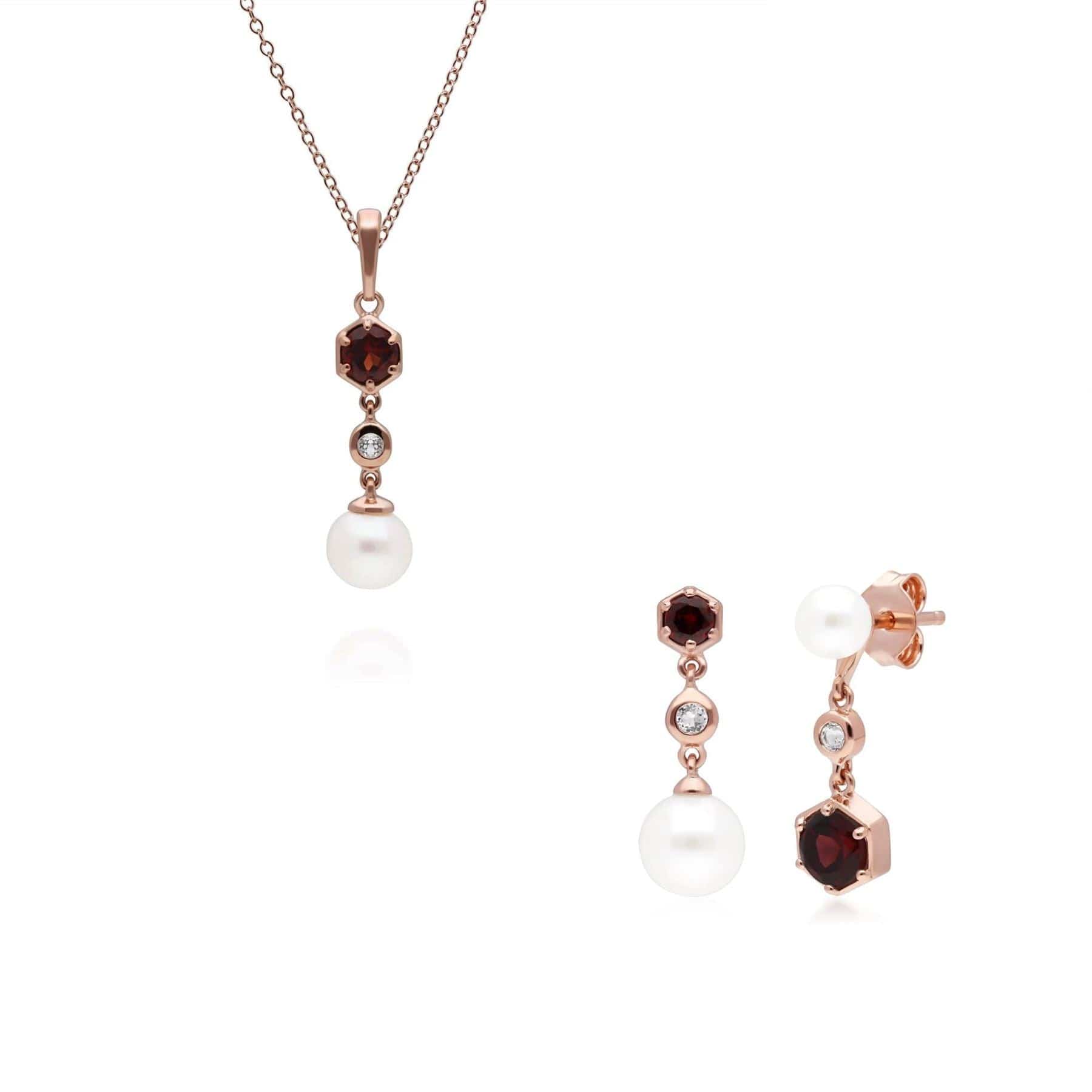 Trendy Pearl, Garnet & Topaz Pendant & Earring Set in Rose Gold Plated Silver