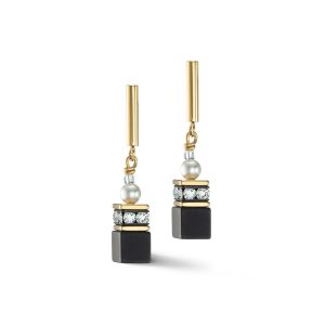 Coeur De Lion GeoCUBE® Yellow Gold Plated Gray and Pearl Earrings 5086/21-1316