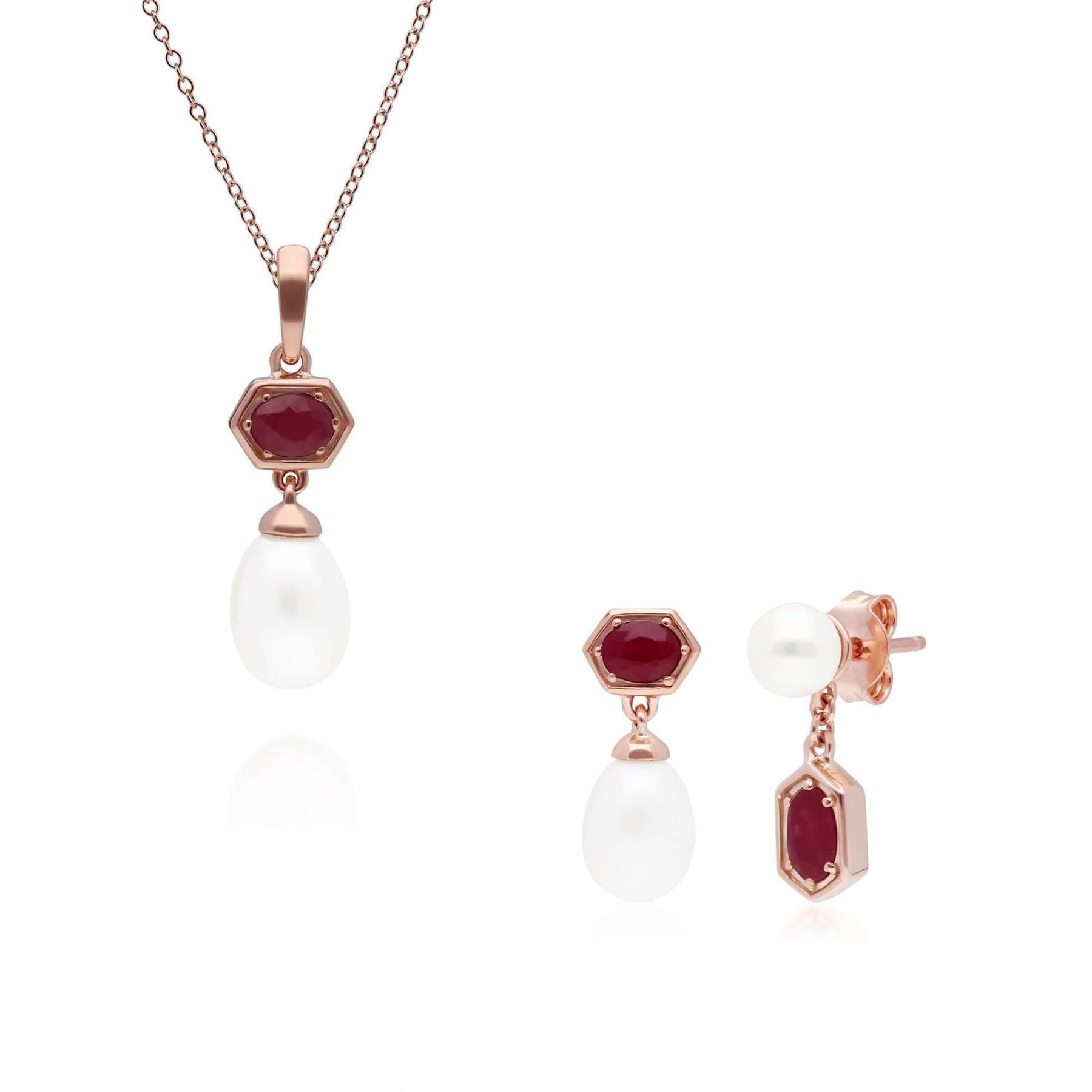 Trendy Pearl & Ruby Pendant & Earring Set in Rose Gold Plated Silver