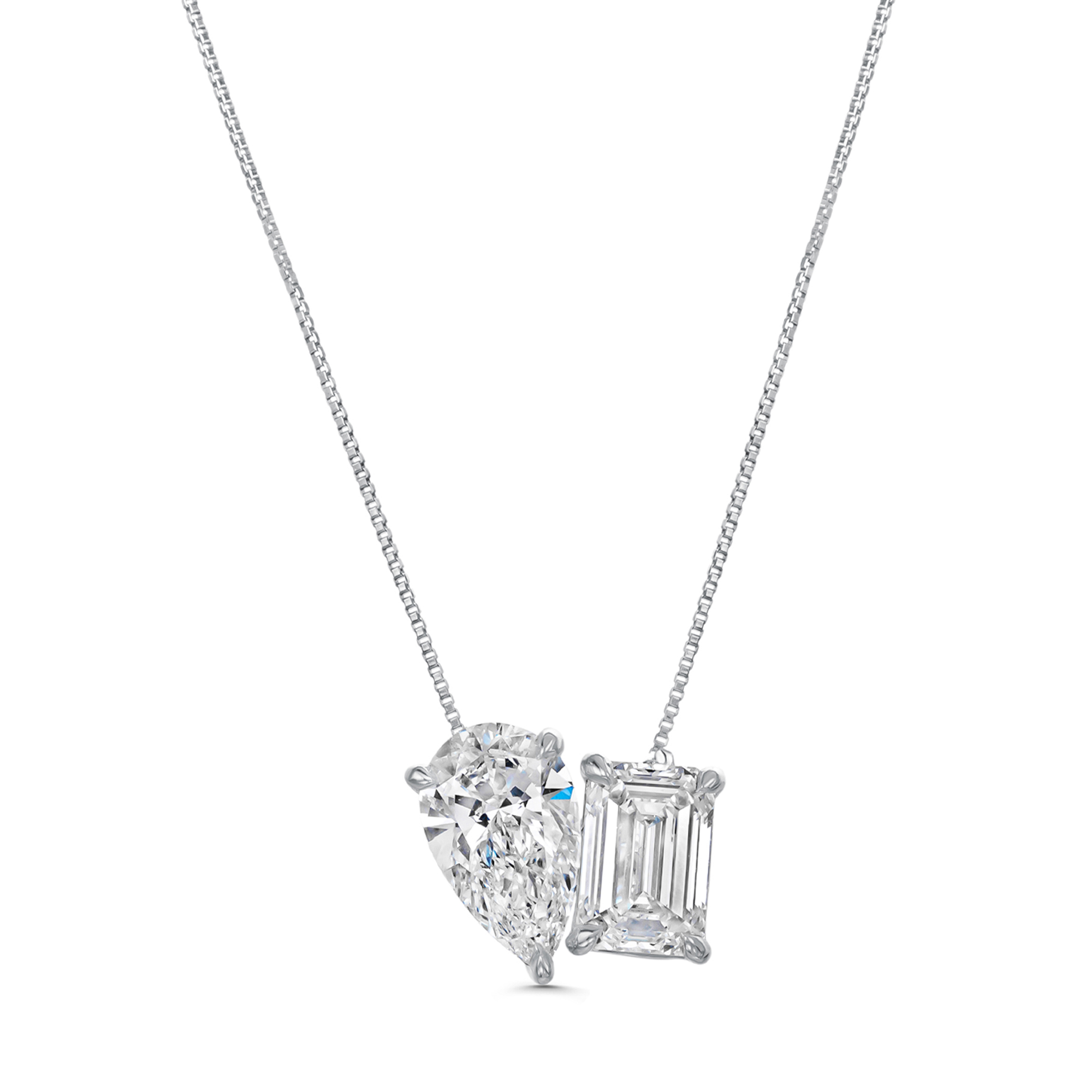 Platinum Lab Grown 1.95ct Emerald and Pear Reduce Diamond ‘Toi Et Moi’ 2 Stone Pendant