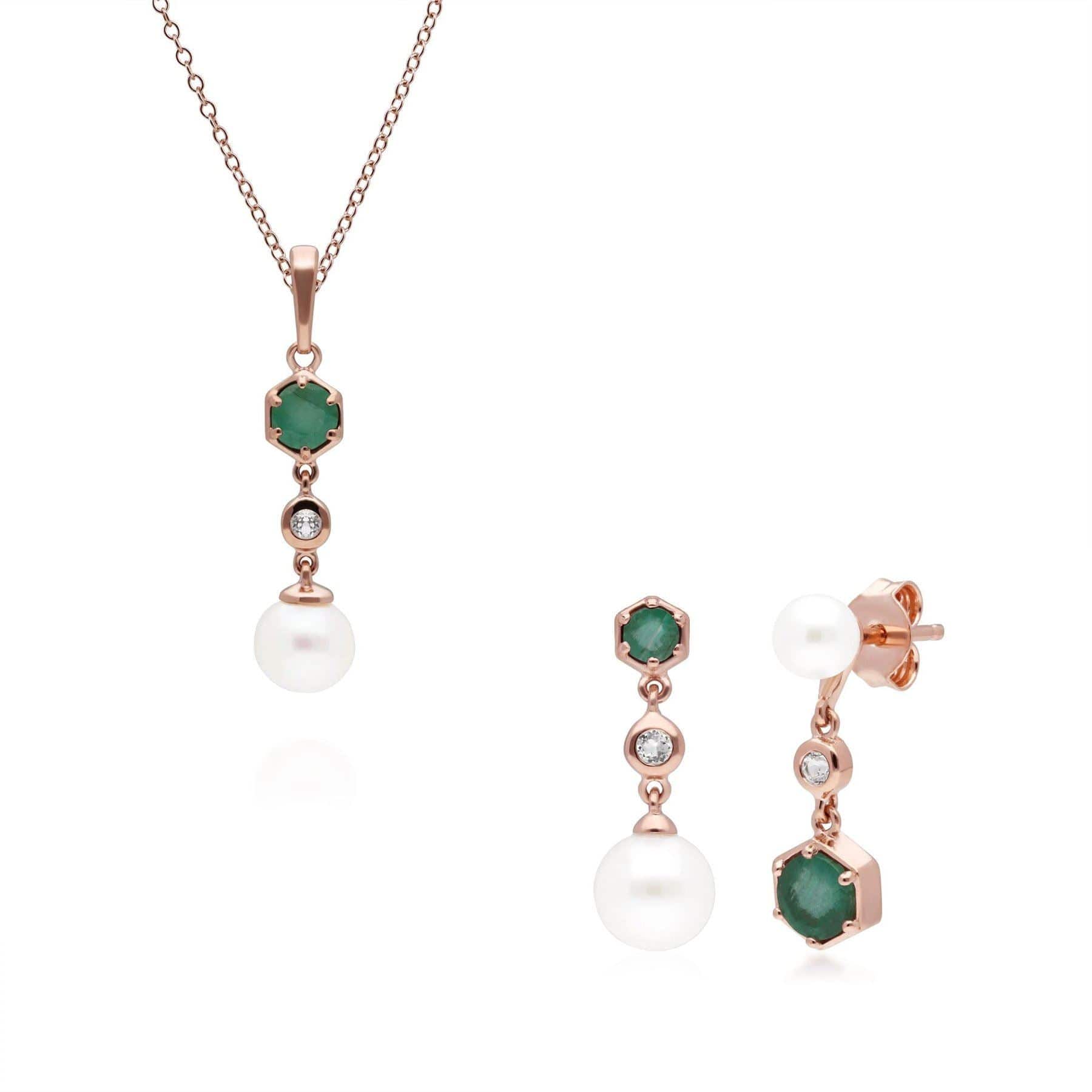 Fashionable Pearl, Emerald & Topaz Pendant & Earring Set in Rose Gold Plated Silver