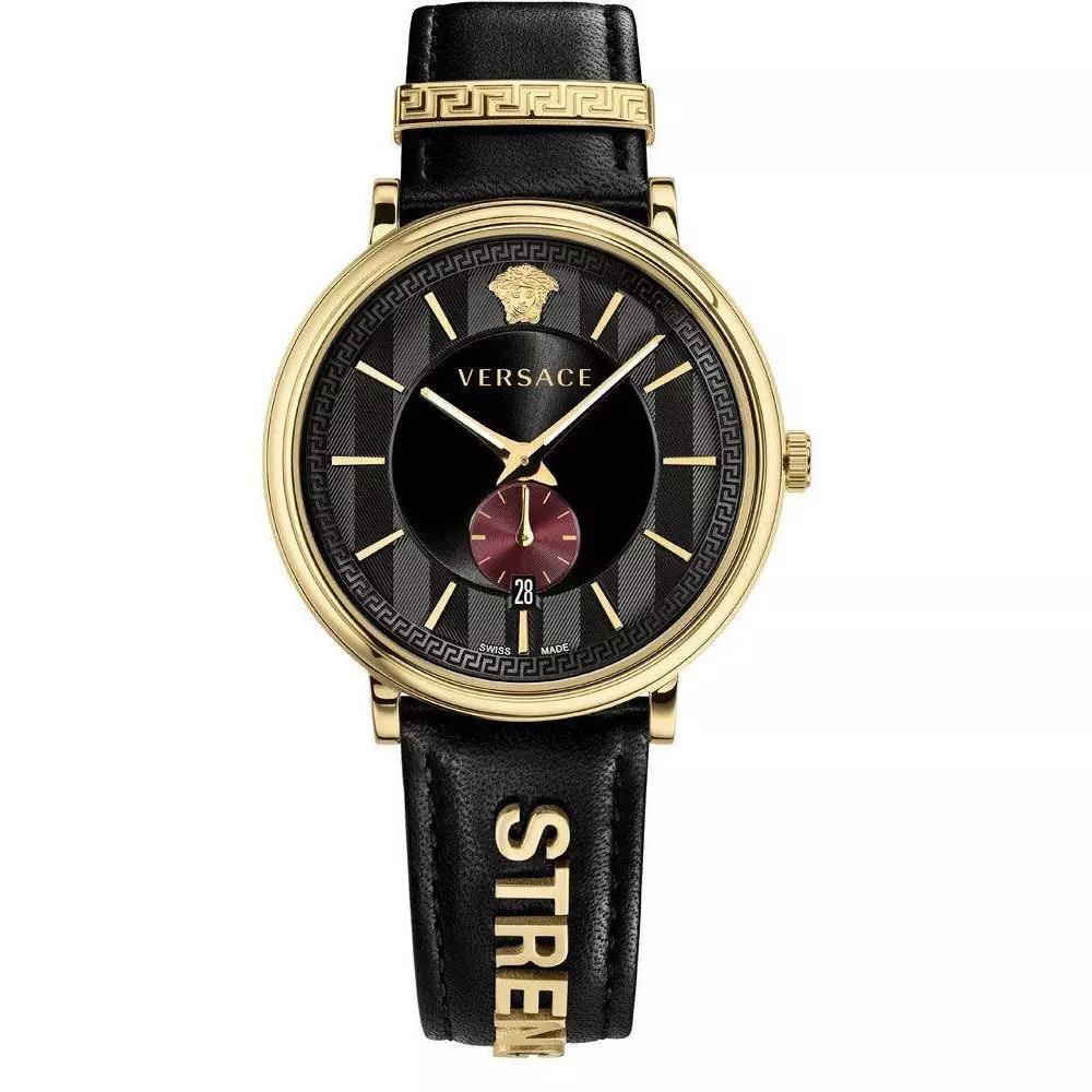 Versace VBQ050017 V-Circle 42mm Gold Tone Black Leather Strap Women’s Watch