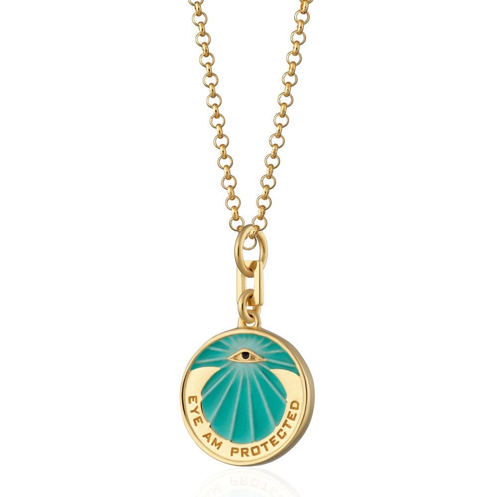 Gold Plated Eye Am Secure Turquoise Coin Necklace