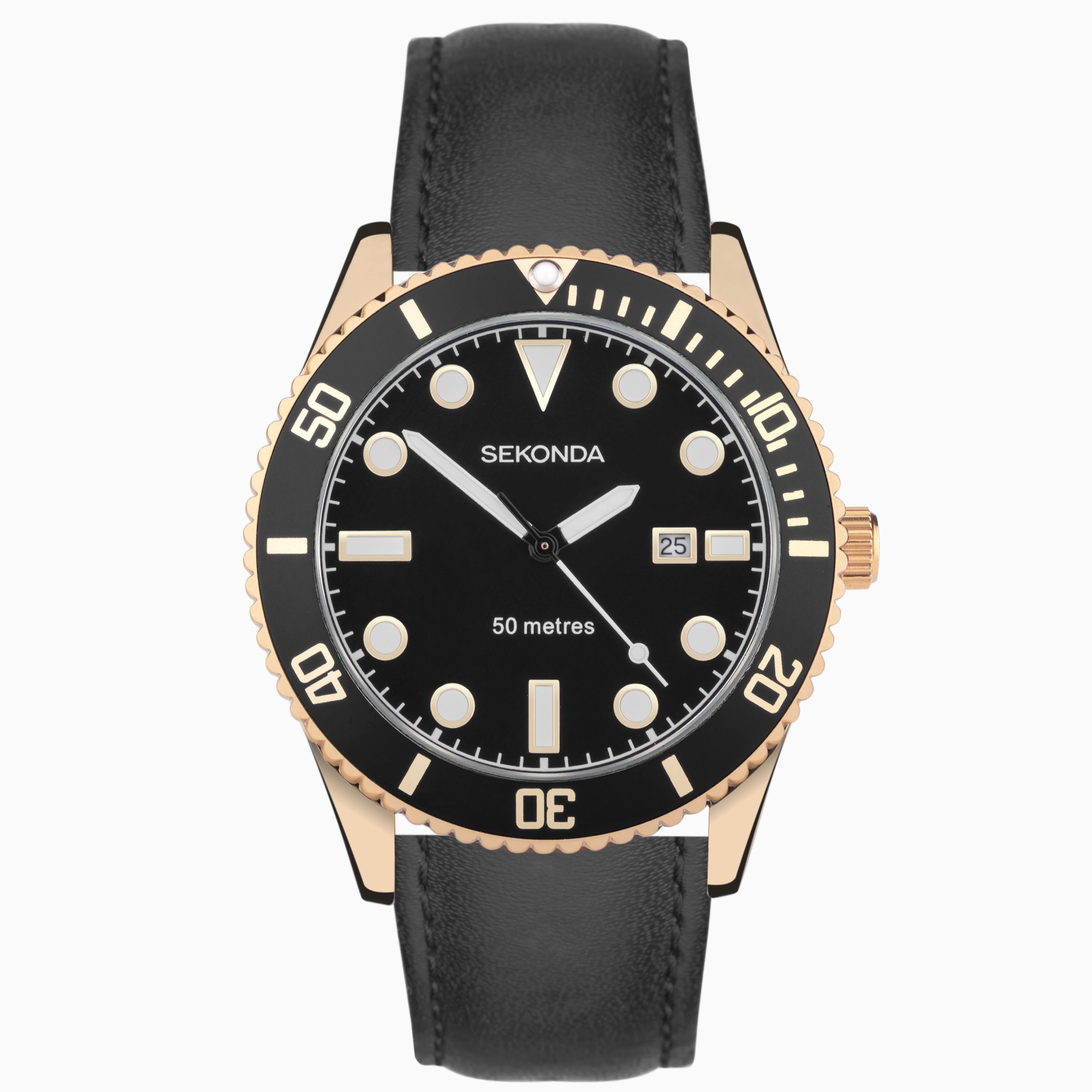 Sekonda Sekonda Ocean Men’s Watch | Rose Gold Alloy Case & Black Leather Strap with Black Dial | 30138