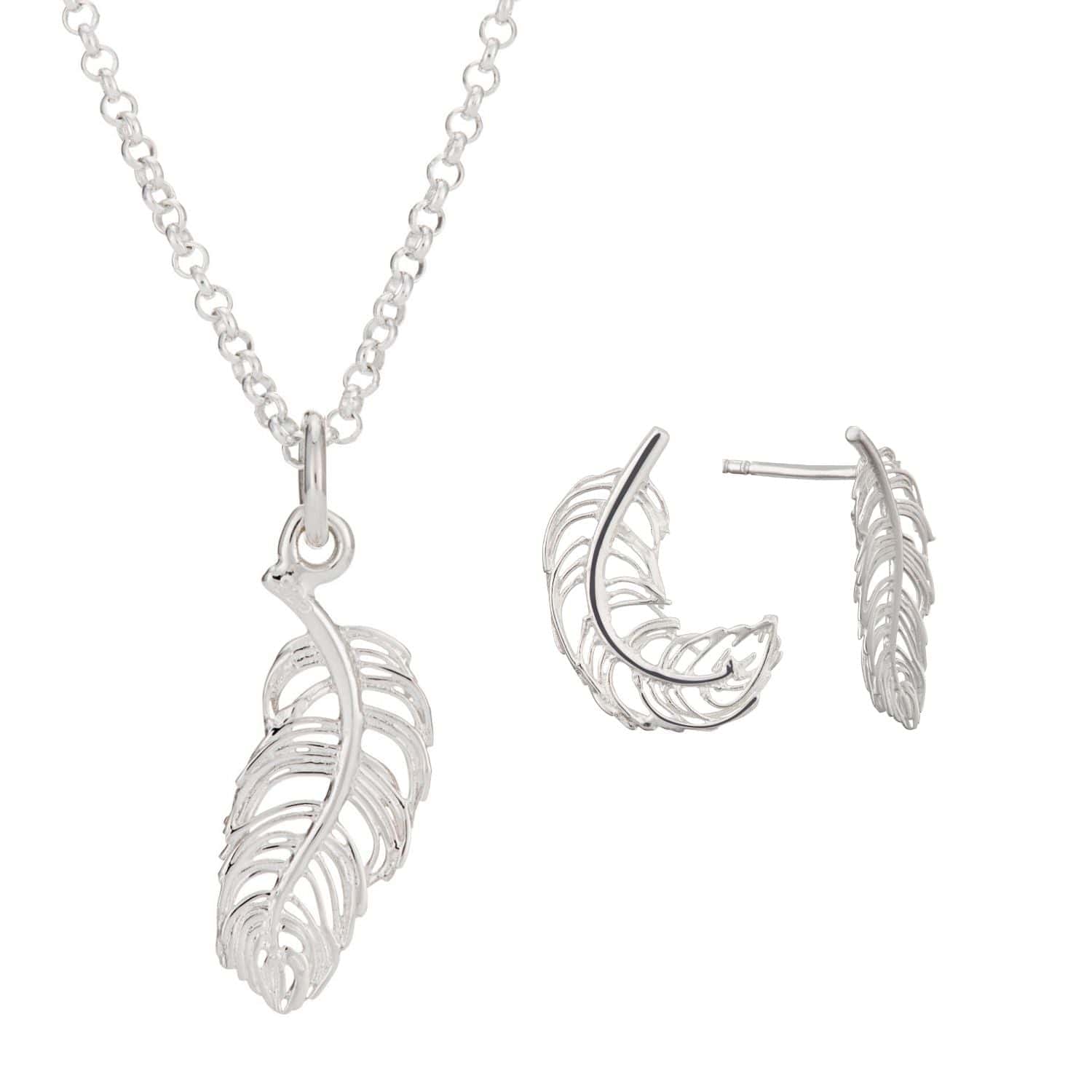 Silver Feather Jewelry Set With Stud Earrings