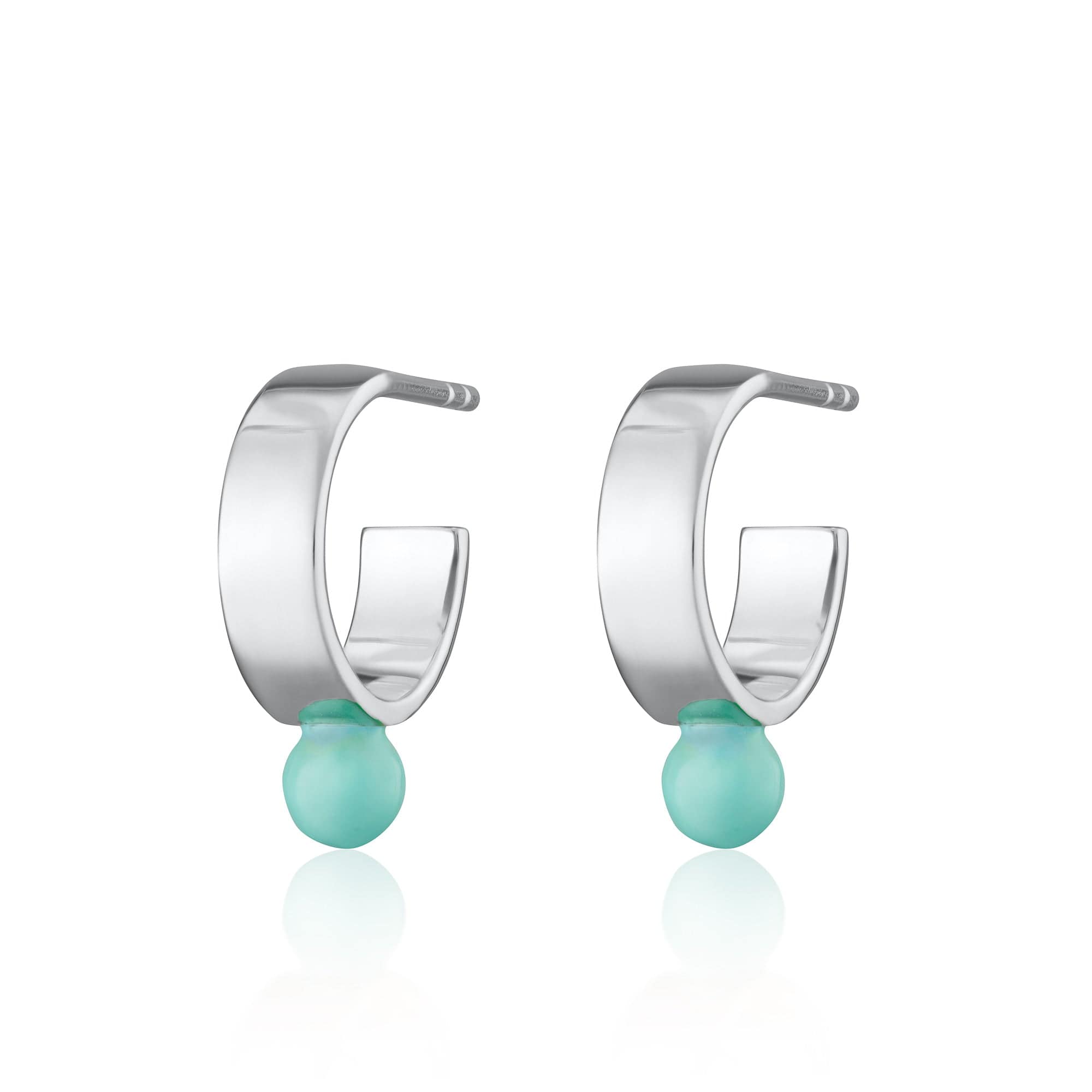Silver Huge Huggie Earrings with Turquoise Dot
