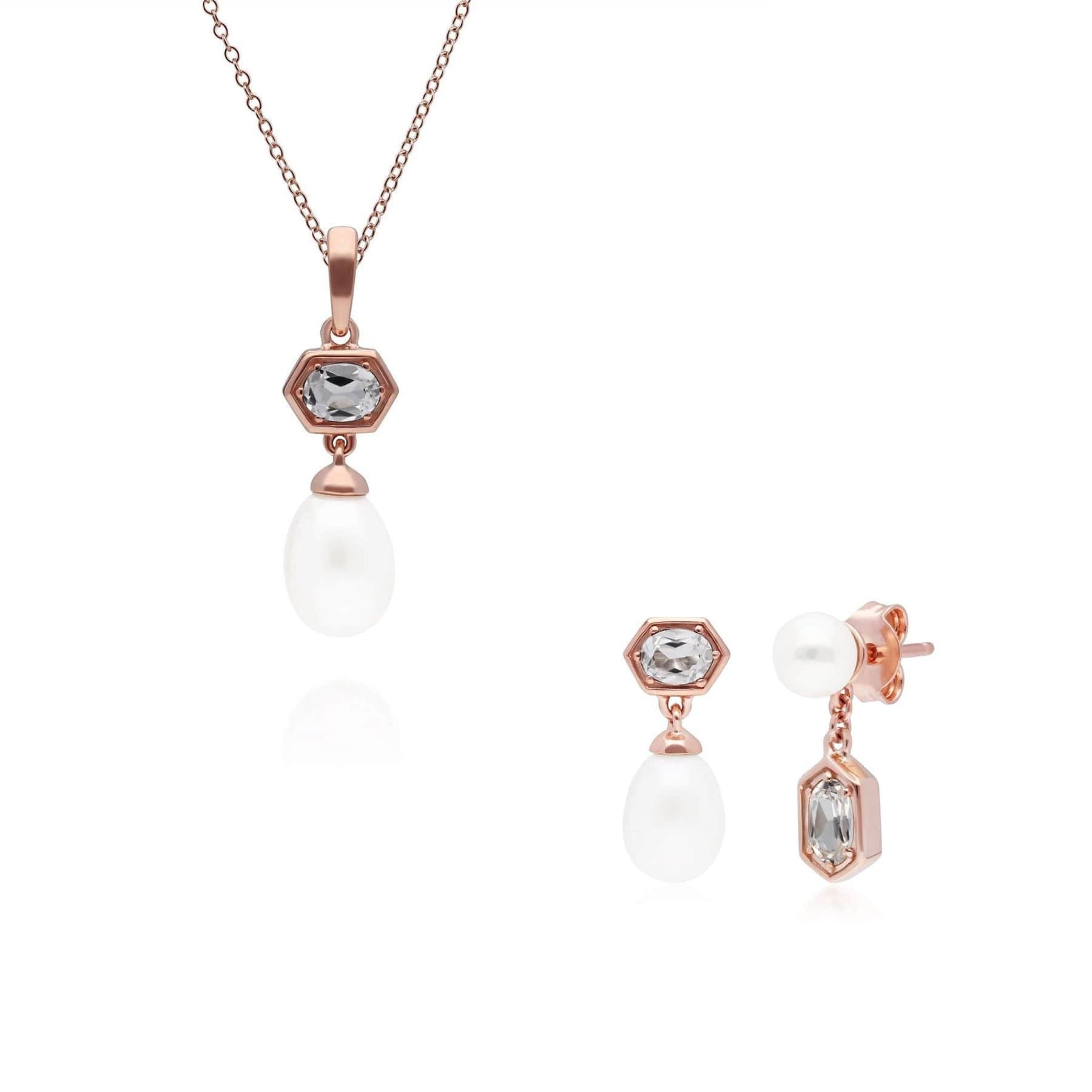 Trendy Pearl & Topaz Pendant & Earring Set in Rose Gold Plated Silver