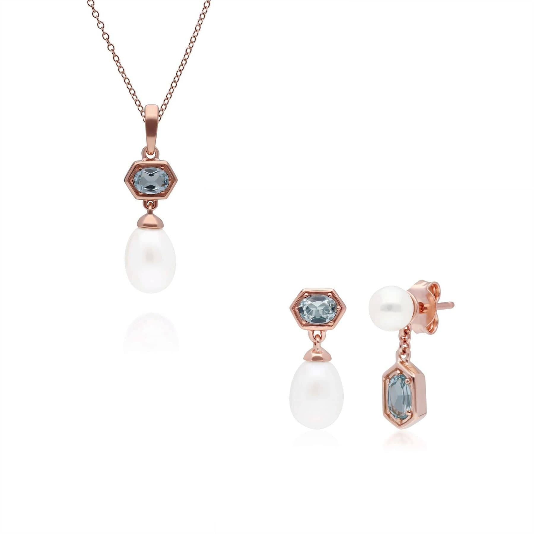 Fashionable Pearl & Blue Topaz Pendant & Earring Set in Rose Gold Plated Silver