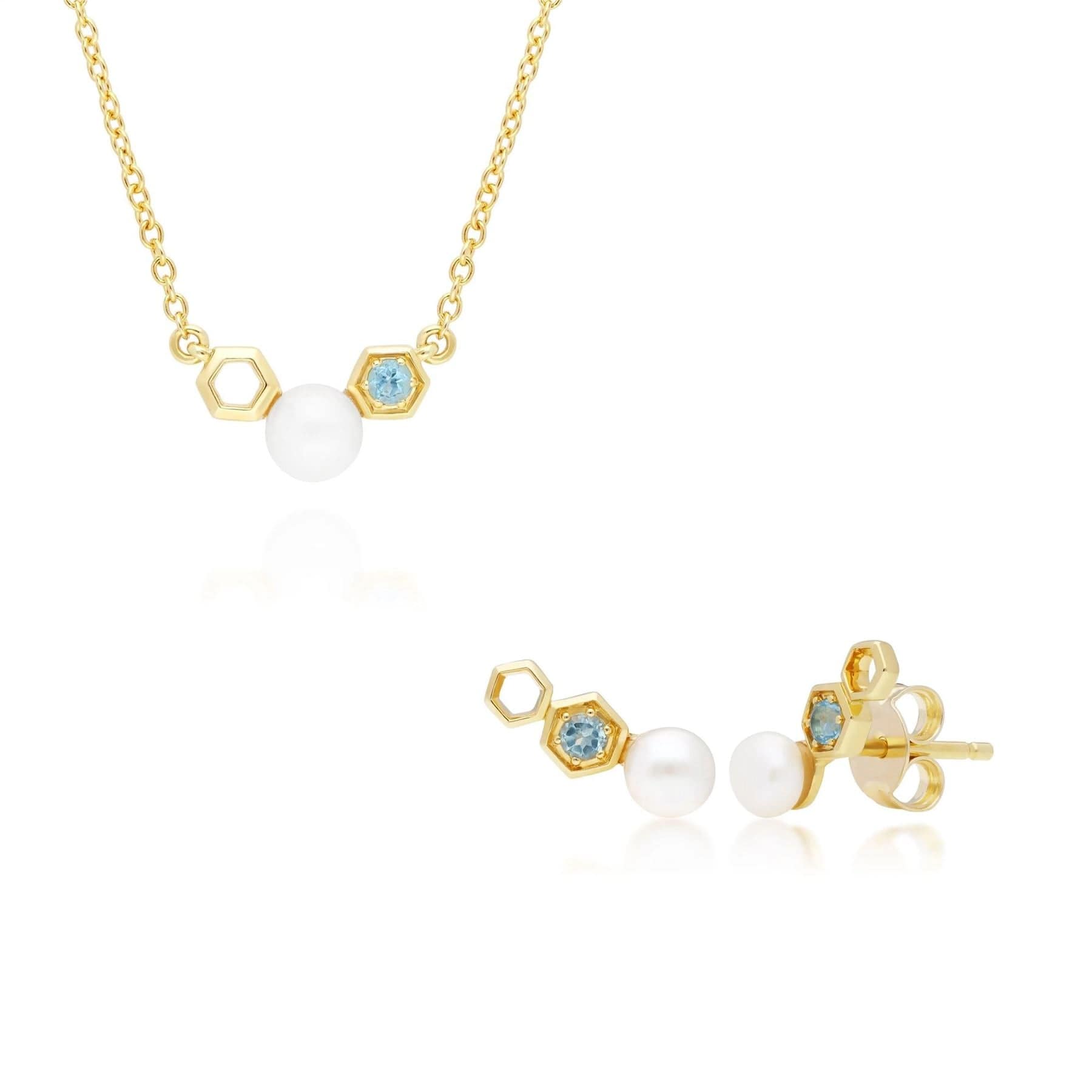 Fashionable Pearl & Blue Topaz Necklace & Earring Set in 9ct Yellow Gold