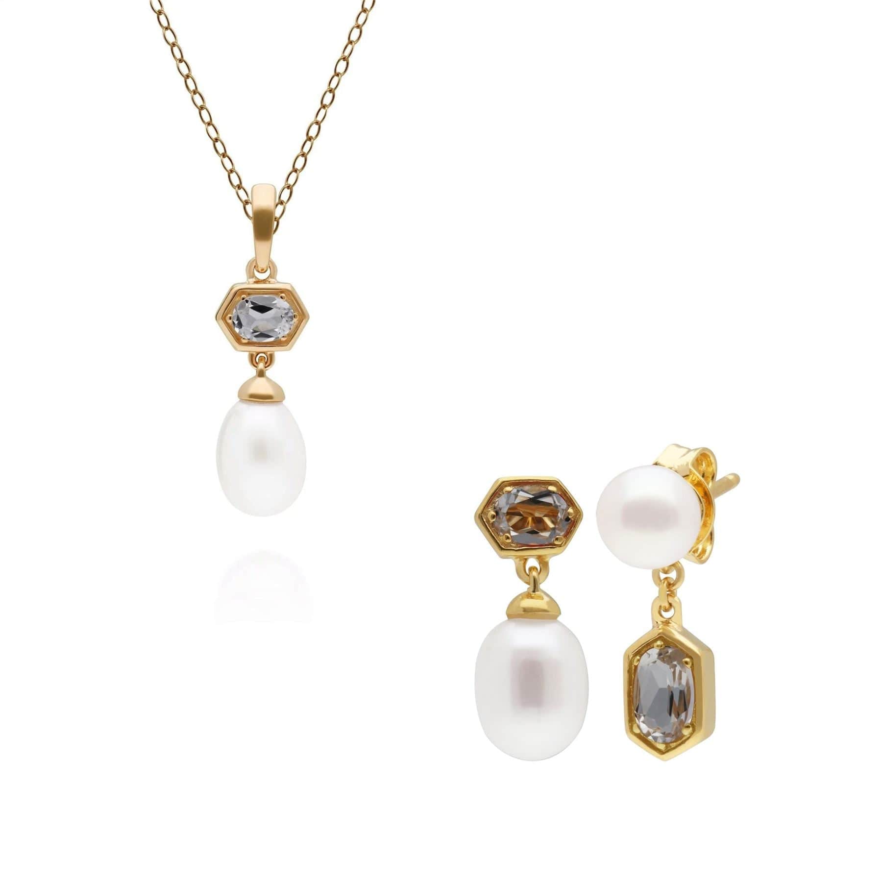 Trendy Pearl & Topaz Pendant & Earring Set in Gold Plated Silver
