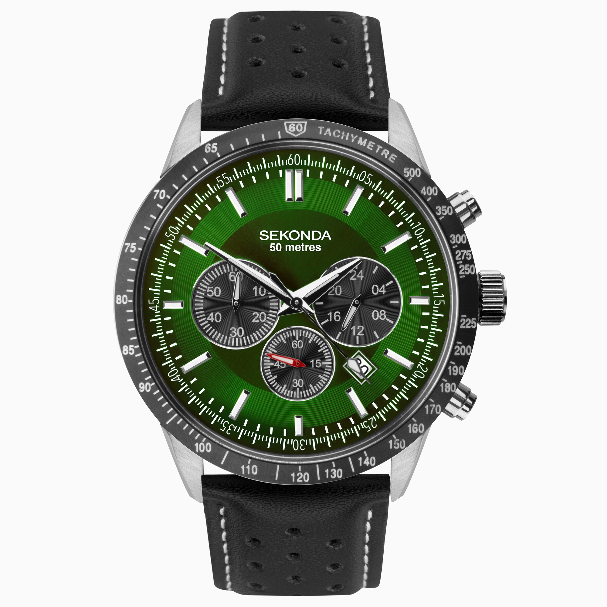 Sekonda Sekonda Velocity Men’s Chronograph | Silver Case & Leather Strap with Green Dial | 1937