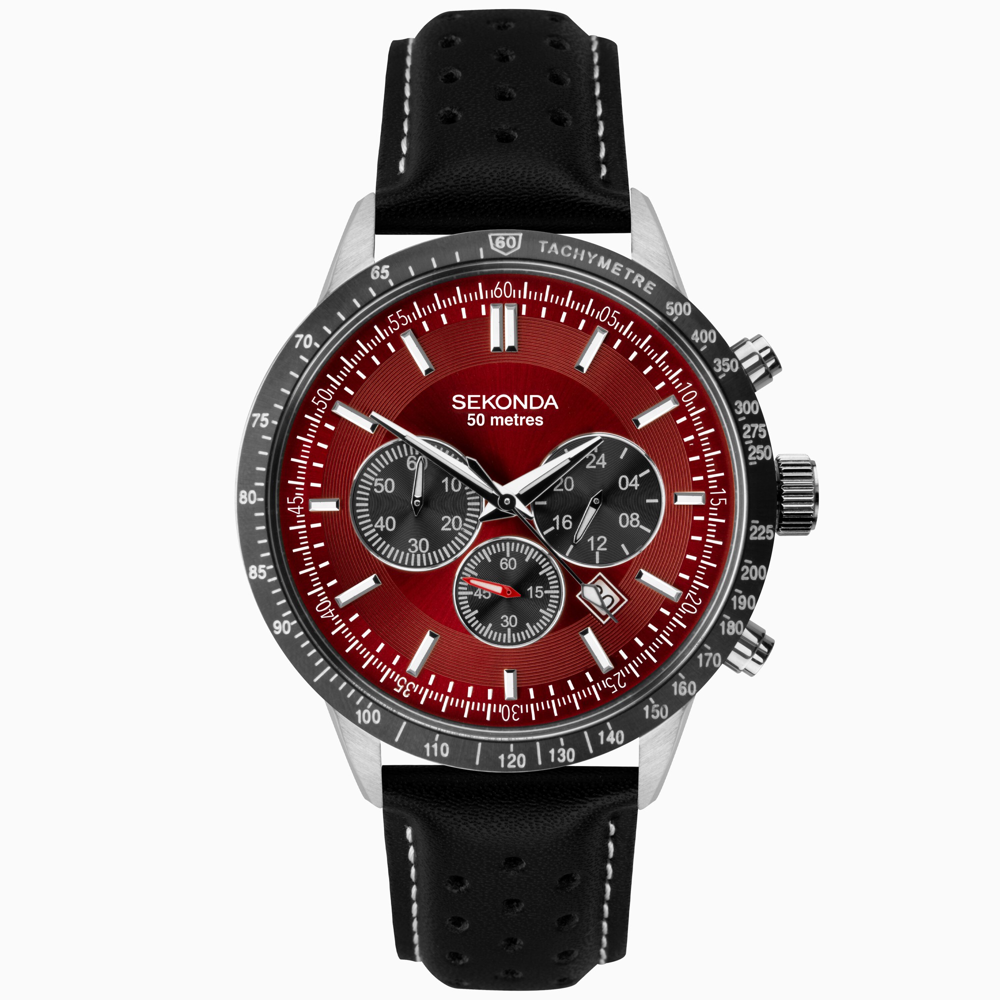 Sekonda Sekonda Velocity Men’s Chronograph | Silver Case & Leather Strap with Red Dial | 1938