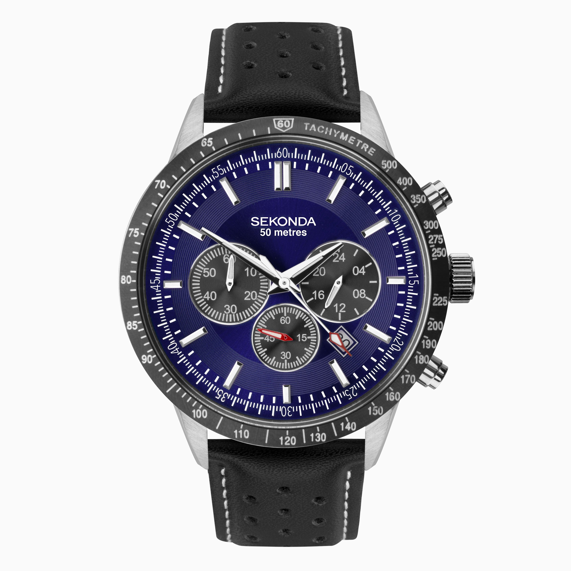 Sekonda Sekonda Velocity Men’s Chronograph | Silver Case & Leather Strap with Blue Dial | 1971