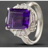 Pre-Owned Platinum Emerald Cut Amethyst & 0.20ct Brilliant Cut Diamond Oblong Dress Ring 43421002