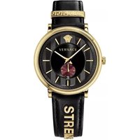 Versace VBQ050017 V-Circle 42mm Gold Tone Black Leather Strap Women’s Watch