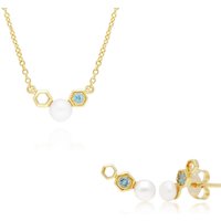 Fashionable Pearl & Blue Topaz Necklace & Earring Set in 9ct Yellow Gold