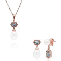 Fashionable Pearl & Blue Topaz Pendant & Earring Set in Rose Gold Plated Silver