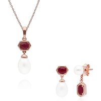 Trendy Pearl & Ruby Pendant & Earring Set in Rose Gold Plated Silver