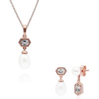 Trendy Pearl & Topaz Pendant & Earring Set in Rose Gold Plated Silver
