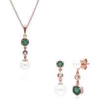 Fashionable Pearl, Emerald & Topaz Pendant & Earring Set in Rose Gold Plated Silver