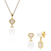 Trendy Pearl & Opal Pendant & Earring Set in Gold Plated Silver