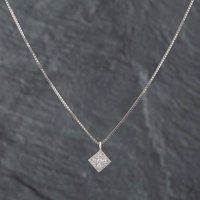 Pre-Owned 9ct White Gold Brilliant Cut Diamond Pave Square Cluster Pendant & 16 Inch Box Chain 43141087