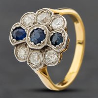 Pre-Owned Vintage 18ct Yellow Gold Sapphire & Diamond Three Row Cluster Ring 41481210