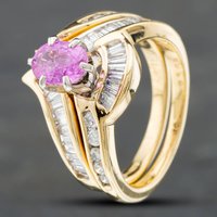 Pre-Owned 14ct Yellow Gold Oval Cut Pink Sapphire & 0.33ct Diamond Bridal Set Ring 43361033