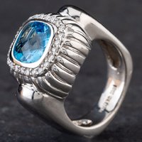Pre-Owned 14ct White Gold Blue Topaz & 0.30ct Brilliant Cut Diamond Cluster Ring 4345008