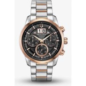 Bulova Mens Classic Stainless Steel Black Chronograph Dial Rose Gold Plated Two Tone Bracelet Watch 98B335