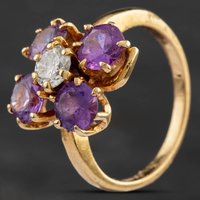 Pre-Owned 9ct Yellow Gold Amethyst & Diamond Flower Cluster Ring 4342014
