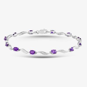 9ct White Gold Oval Cut Amethyst & Diamond Swirl Bracelet PBC02772W AM