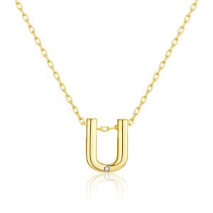 Gold Plated Initial Necklace Letter U Created with Zircondia® Crystals