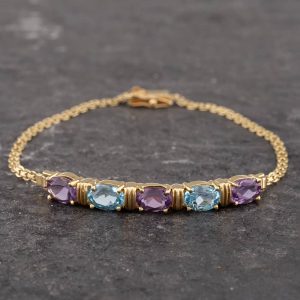 Pre-Owned 14ct Yellow Gold Blue Topaz & Amethyst 7 Inch Belcher Bracelet 43071003