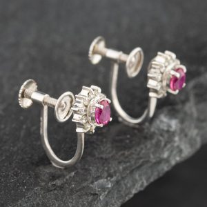 Pre-Owned Platinum 0.46ct Ruby & 0.08ct Single Cut Diamond Oval Screw Fittings 7.1mm Stud Earrings 43171104