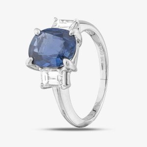 Pre-Owned Platinum 3.40ct Oval Cut Sapphire & 0.74ct Baguette Cut Diamond Three Stone Ring 43361064