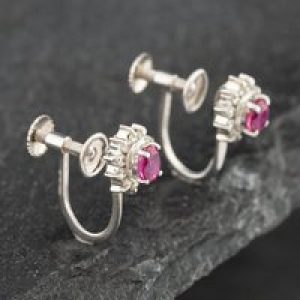 Pre-Owned Platinum 0.46ct Ruby & 0.08ct Single Cut Diamond Oval Screw Fittings 7.1mm Stud Earrings 43171104