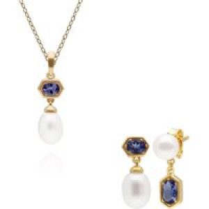 Fashionable Pearl & Tanzanite Pendant & Earring Set in Gold Plated Silver