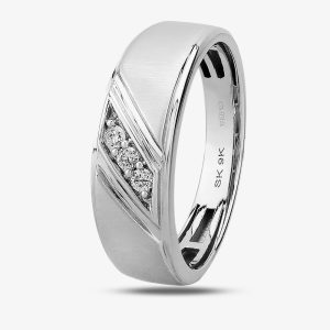 9ct White Gold Mens Matte And Polished Three Stone Diamond Wedding Ring THR19256-10 9Kw R