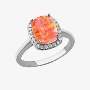 Silver Synthetic Orange Opal & Cubic Zirconia Halo Ring 8.86.0459 L