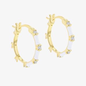 LUXE Silver Gold Plated 20mm Cubic Zirconia & White Enamel Hoop Creole Earrings 8.51.3097