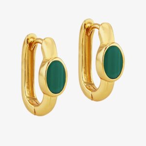 LUXE Silver Gold Plated 14mm Malachite Oval Hoop Earrings 8.59.1904