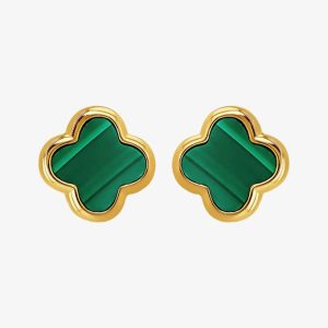 LUXE Silver Gold Plated Malachite Clover Stud Earrings 8.59.1901