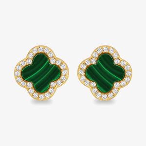 LUXE Silver Gold Plated Malachite & Cubic Zirconia Clover Stud Earrings 8.59.1902