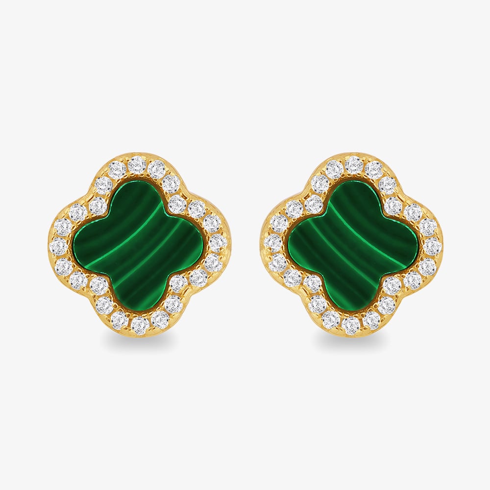 LUXE Silver Gold Plated Malachite & Cubic Zirconia Clover Stud Earrings 8.59.1902