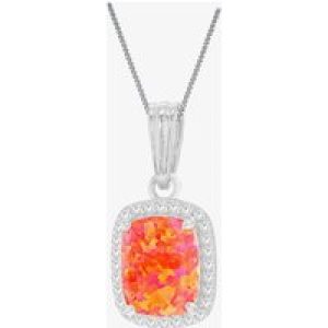 Silver Rectangle Synthetic Orange Opal & White Cubic Zirconia Halo Necklace 8.68.7108