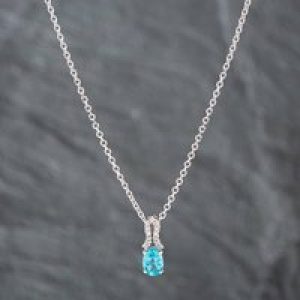 Pre-Owned 9ct White Gold Oval Cut Blue Apatite & Single Cut Diamond Pendant & 18 Inch Trace Chain 41141769