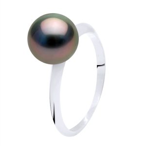 Ateliers Saint Germain Womens Ring Real Cultured Tahiti Pearl Round 8-9 mm – White Gold – Black – Size T 1/2