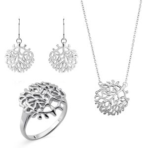 Orphelia ‘Flavie’ WoMens 925 Sterling Silver Set: Necklace + Earrings + Ring – SET-7502 – Size K