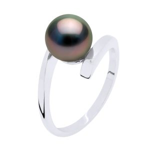 Ateliers Saint Germain Womens Ring Prestige Silver 925 Rhodium plated – Real Cultured Tahiti Pearl Round 7-8 mm – Black – Size T 1/2
